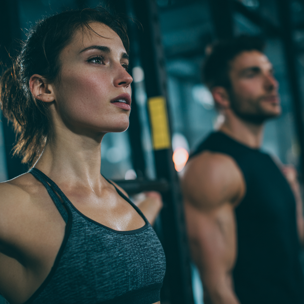 Romanian adults of various ages smiling while doing strength training exercises in a modern fitness facility